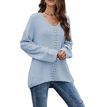 Womens V Neck Long Sleeve Sweater Casual Pullover Relaxed Fit Knit Top