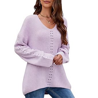 Womens V Neck Long Sleeve Sweater Casual Pullover Relaxed Fit Knit Top