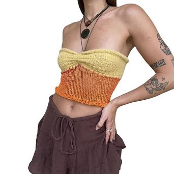 XuBa Women Color Block Knit Tube Top Strapless Twisted Front Cropped Tank