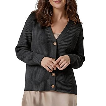 Womens V Neck Button Front Cardigan Long Sleeve Relaxed Casual Sweater