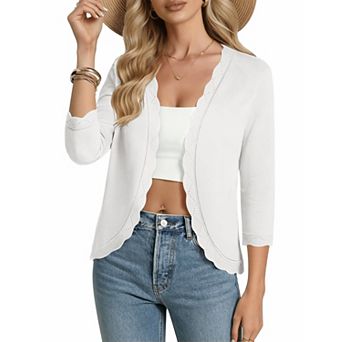 Womens V Neck Scallop Trim Cardigan 3/4 Sleeve Curved Hem Casual Sweater