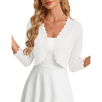 Womens V Neck Pointelle Knit Cardigan 3/4 Sleeve Scallop Trim Cropped Sweater