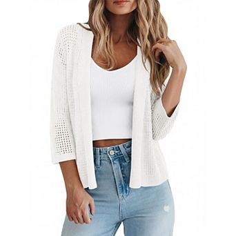 Womens V Neck Open Knit Cardigan 3/4 Sleeve Collared Casual Sweater