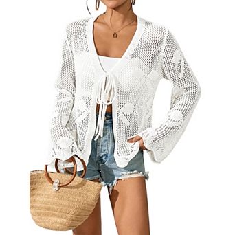 Womens V Neck Tie Front Cardigan Bell Sleeve Crochet Knit Casual Sweater