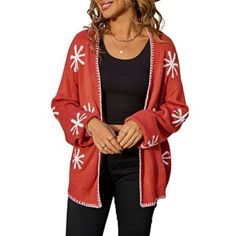 Womens Open Front Snowflake Pattern Cardigan Long Sleeve Knit Sweater Jacket