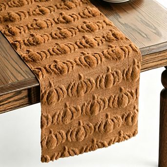 Caramel Faux Fur Jacquard Pumpkin Table Runner, 13"x72" Fall Autumn Dining Decor