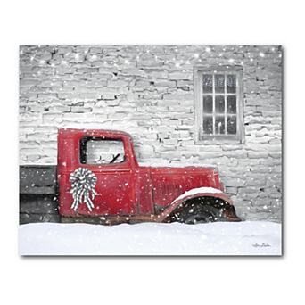 COURTSIDE MARKET Christmas Truck with Plaid Bow Canvas Wall Art