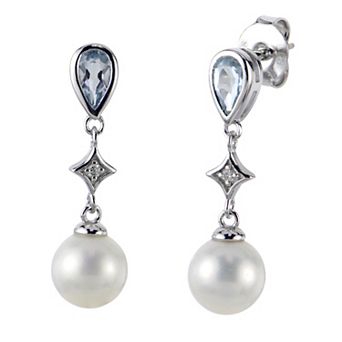 PearLustre by Imperial Sterling Silver Pear-Shape Aquamarine & Freshwater Cultured Pearl Drop Earrings
