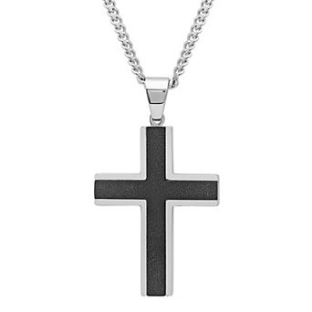 Steel Nation Men's Black Ion-Plated Textured Stainless Steel Curb Chain Cross Pendant Necklace