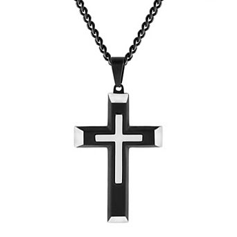 Steel Nation Men's Black Ion-Plated Polished Stainless Steel Curb Chain Cross Pendant Necklace
