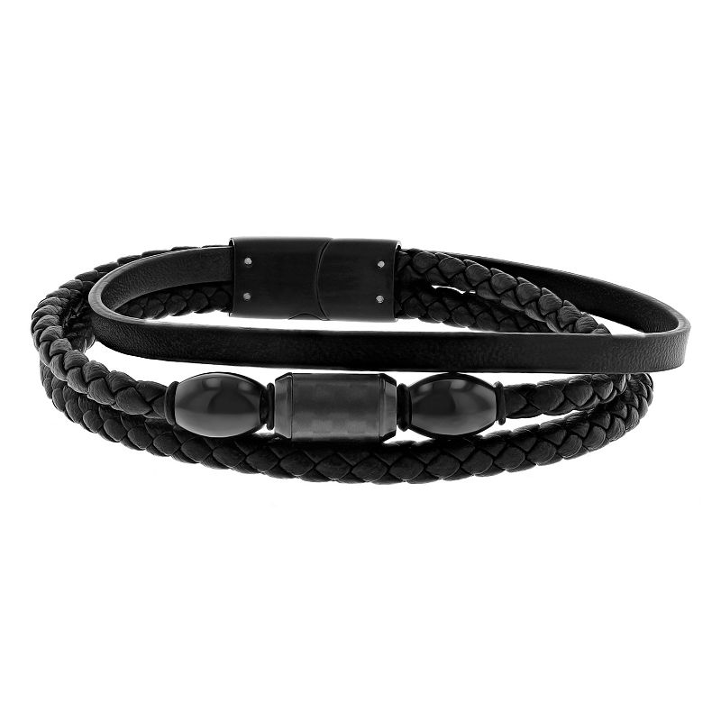 Steel Nation Men's Black Ion-Plated Polished Stainless Steel & Faux Leather Bracelet, Size: 8.5"
