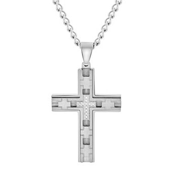 Steel Nation Men's Silver Tone Curb Chain Geometric Cross Pendant Necklace