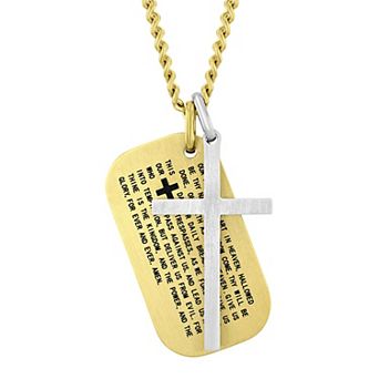 Steel Nation Men's Two Tone The Lord's Prayer Dog Tag & Cross Pendant Necklace