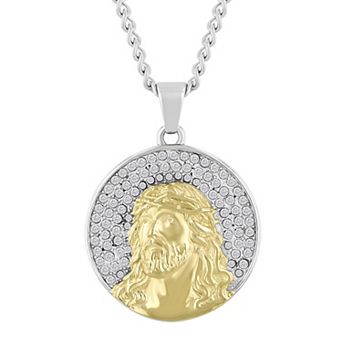 Steel Nation Men's Two Tone Stainless Steel Crystal Religious Medallion Pendant Necklace