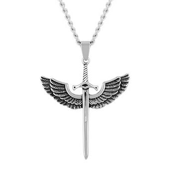 Steel Nation Men's Silver Tone Curb Chain Eagle Wings & Sword Pendant Necklace