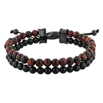 Steel Nation Men's Black Ion-Plated Stainless Steel Tiger's Eye & Onyx Bead Bolo Bracelet
