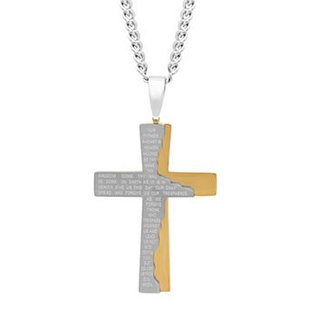 Steel Nation Men's Two-Tone Stainless Steel Lord's Prayer Cross Pendant Necklace