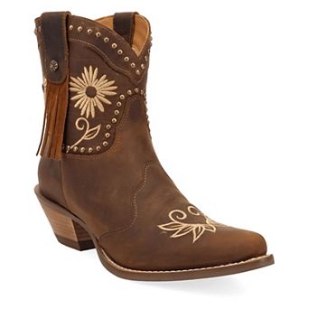 Dingo Country Cute Women's Leather Bootie with Block Heel and Floral Design