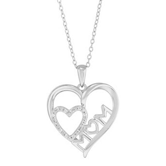 Rhodium Over Sterling Silver Cubic Zirconia 'Mom' Heart Pendant Necklace
