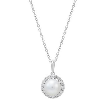 Rhodium Over Sterling Silver Freshwater Pearl & Lab-Created White Sapphire Pendant Necklace