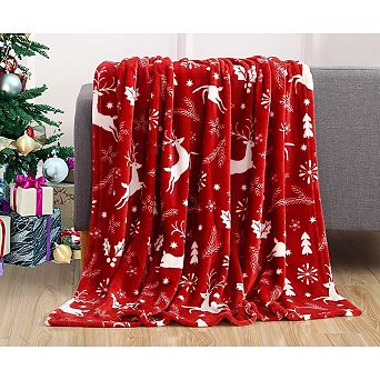 Fieldview 2 Pack Fleece Throw Blanket 50x60 Inch Burgundy Reindeer Christmas Print Soft Cozy Winter