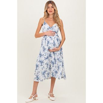 Maternity Blue Floral Twisted Front Midi Dress
