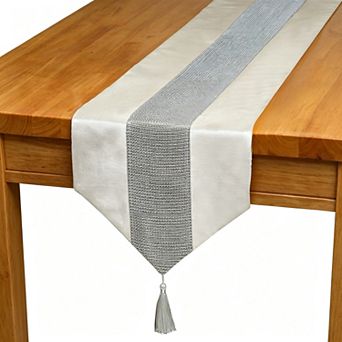 Beige 13" x 72" Table Runner with Rhinestone Strip & Hanging Tassels
