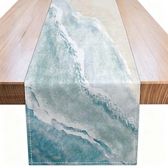 Teal Blue Coastal Linen Table Runner, 13" x 71" Nautical Farmhouse Dining Decor