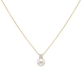 14K Yellow Gold Plated Bezel Set Cubic Zirconia Single Pearl Pendant Necklace