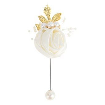 Premium Satin Rose Boutonniere Metal Leaf Lapel Brooch Pin 1 pc