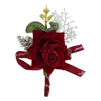 Premium Faux Rose Boutonniere Pinecone Wedding Brooch Pin 1 pc