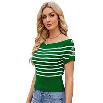 Women's Off Shoulder Striped Side Button Decor Knit Top