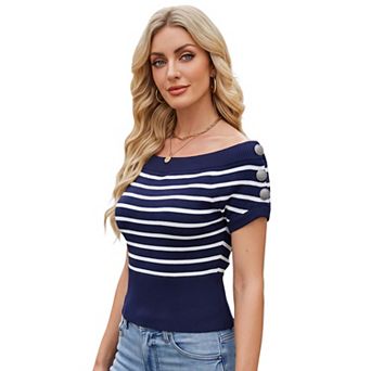 Women's Off Shoulder Striped Side Button Decor Knit Top