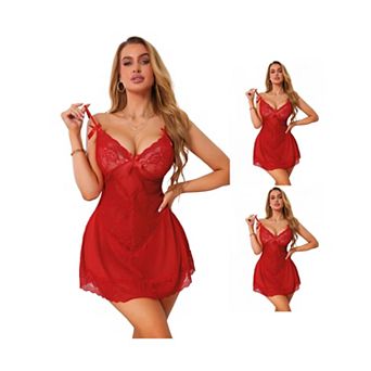 3 Packs Lace Trim Lingerie Sets for Women Plunge Nightgown Thong Sets Mesh See Through Dress Chemise