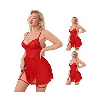 3 Packs Lace Lingerie for Women Mesh See Through Chemise Nightgown with Garter Belt