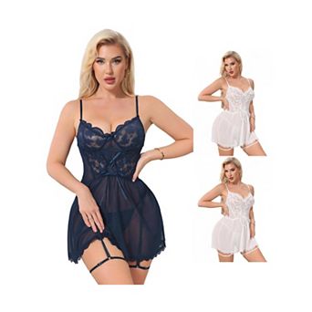 3 Packs Lace Lingerie for Women Mesh See Through Chemise Nightgown with Garter Belt