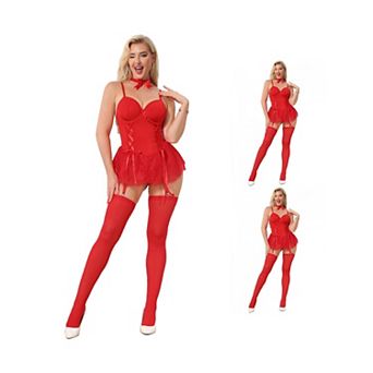 3 Packs Women Lace Lingerie Set Corset Underwire Bodysuit Ruffle Skirt with Garter Belt Thongs