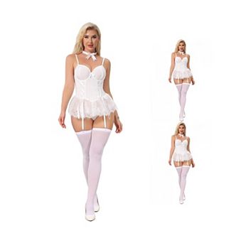 3 Packs Women Lace Lingerie Set Corset Underwire Bodysuit Ruffle Skirt with Garter Belt Thongs