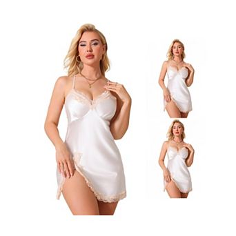 3 Packs Women's Lace Trim Ice Silk Lingerie Side Split Backless Chemise Mini Cami FullSlip Nightgown