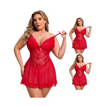 3 Packs Plus Size Lingerie for Women Lace V Neck Mesh Sleepwear See Through Sleeveless Chemise
