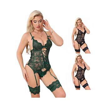 3 Packs Womens Lingerie Set with Garter Belt Floral Lace Sheer Bodysuit Panties Bustier No Stockings