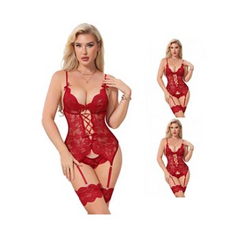 3 Packs Womens Lingerie Set with Garter Belt Floral Lace Sheer Bodysuit Panties Bustier No Stockings