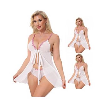 3 Packs Lace Lingerie Set for Women Plunge Nightdress Sheer Floral Mesh Wireless Sleepwear Tangas