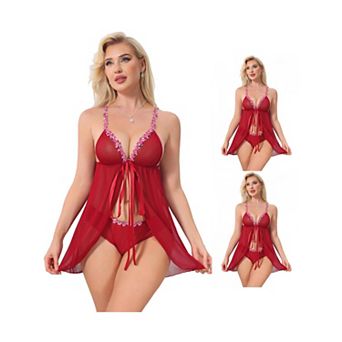 3 Packs Lace Lingerie Set for Women Plunge Nightdress Sheer Floral Mesh Wireless Sleepwear Tangas
