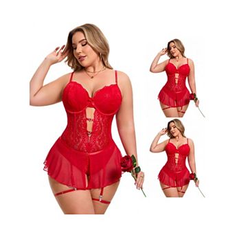 3 Packs Womens Lace Lingerie Set Cut Out Skirt Bodysuit Underwired Nightgown with Garter Belt