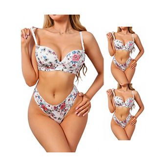 3 Packs Women's Lingerie Set Floral Underwire Push Up Bra and Low Waisted Panty 2 pc Underwear