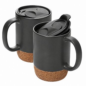 15 Oz Ceramic Coffee Mug Set Of 2 With Cork Bottom And Splash Resistant Lid