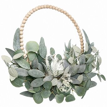 16 Inch Artificial Eucalyptus Wreath With Wood Beads Farmhouse Indoor Outdoor Decor