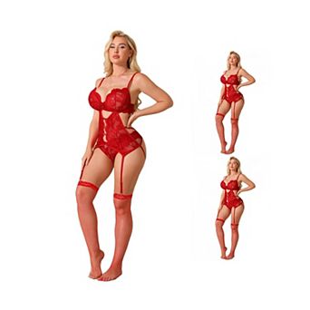3 Packs Lace Lingerie Set for Women Hollow Out Deep V Plunge Wireless Bodysuit Fishnet Stockings