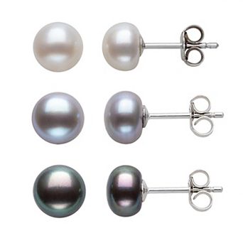 Velori Rhodium Over Sterling Silver Freshwater Cultured Pearl Post Earrings Trio Set